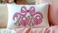 pink bow Valentines coquette lumbar throw pillows for couch, xoxo Valentines kitchen towels for bride, key to my heart decorative pillows