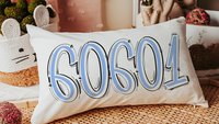 custom zip code pillow lumbar decorative bed pillow cover cute dorm pillows for girls, moving gift for daughter, purple school spirit decor