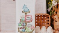 Happy Easter kitchen towels for gifts, Easter hostess gifts for women, pastel Easter kitchen hand towels for church, Easter eggs and bunnies
