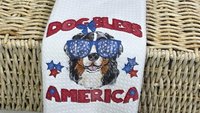 dog bless America 4th of July kitchen towel for bbq, red white and blue patriotic dog hand towel for gifting, Bernese mountain dog gift