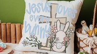 Jesus loves every bunny Easter throw pillows for nursery, Christian Easter basket stuffers for kids, Easter bunny decorative pillow covers