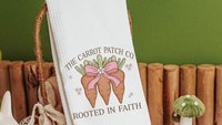 rooted in faith Christian kitchen towels for gifts, carrot patch gardener gifts for women, cute Spring decorative hand towels for guest bath