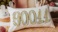 custom zip code pillow lumbar decorative bed pillow cover cute dorm stuff, real estate office decor, moving gift for daughter, gold school