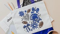 powderpuff football tote bag for school, royal blue school spirit bags, football coquette football cheer gifts for seniors, back to school