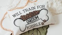 Personalized will train for kibble dog throw pillow for sofa, dog lover gift for women, dog decor for home, dog mom gift, cute kitchen decor