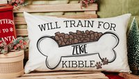 Personalized will train for kibble dog throw pillow for sofa, dog lover gift for women, dog decor for home, dog mom gift, cute kitchen decor