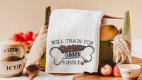 Personalized will train for kibble dog throw pillow for sofa, dog lover gift for women, dog decor for home, dog mom gift, cute kitchen decor