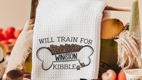 Personalized will train for kibble dog throw pillow for sofa, dog lover gift for women, dog decor for home, dog mom gift, cute kitchen decor