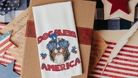 dog bless America 4th of July kitchen towel for bbq, red white and blue patriotic dog hand towel for gifting, Bernese mountain dog gift