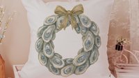 oyster shell spring wreath throw pillows for living room, oyster shell hand towels for bathroom beachy gifts for neighbors