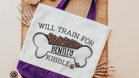 personalized will train for kibble dog name totes for women, dog mom tote bag for her, agility dog training accessories, dog lover gifts for