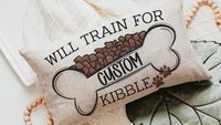 Personalized will train for kibble dog throw pillow for sofa, dog lover gift for women, dog decor for home, dog mom gift, cute kitchen decor