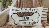 Personalized will train for kibble dog throw pillow for sofa, dog lover gift for women, dog decor for home, dog mom gift, cute kitchen decor