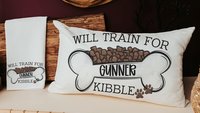 Personalized will train for kibble dog throw pillow for sofa, dog lover gift for women, dog decor for home, dog mom gift, cute kitchen decor