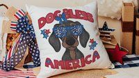 dog bless America dachshund kitchen towels for dog lovers, red white and blue patriotic dog gift for owners, wiener dog hand towels for