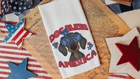 dog bless America dachshund kitchen towels for dog lovers, red white and blue patriotic dog gift for owners, wiener dog hand towels for