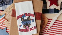 dog bless America 4th of July kitchen towel for bbq, red white and blue patriotic dog hand towel for gifting, German Shepherd dog gift