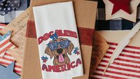 dog bless America 4th of July kitchen towel for bbq, red white and blue patriotic dog hand towel for gifting, Golden Retriever dog gift