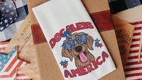 dog bless America 4th of July kitchen towel for bbq, red white and blue patriotic dog hand towel for gifting, Golden Retriever dog gift