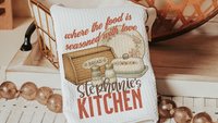 personalized seasoned with love kitchen towel for grandma, vintage inspired kitchen decor, baker gifts for her, moms kitchen hand towel for