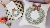 oyster shell spring wreath throw pillows for living room, oyster shell hand towels for bathroom beachy gifts for neighbors