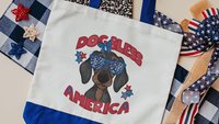 patriotic tote bag for dog supplies, unique dog mom gifts, dachshund tote for summer, wiener dog bag for doggie things, doxie gifts, sausage
