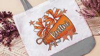 personalized cheerleader tote bag with name, orange school spirit cheer squad accessories, travel cheer bag for girls, cheerleader gifts