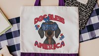 patriotic tote bag for dog supplies, unique dog mom gifts, dachshund tote for summer, wiener dog bag for doggie things, doxie gifts, sausage