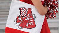 personalized red checkered initial tote bag for girls, cheer squad gifts, cheer travel bag for teens, cheerleader gift with school colors