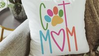 Cat mom throw pillow for chair, cute Mothers day gift for cat and cat lovers, cat lover throw pillow 18x18, colorful cat decor for kitchen