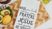 wash your hands and say your prayers funny kitchen towels, Jesus and germs are everywhere Christian gifts for Mom, Bible study gifts for