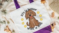 life is better with a dog labradoodle tote bag for dog lovers, doodle mom gifts, dog mom accessories, dog walking bag, labradoodle gifts