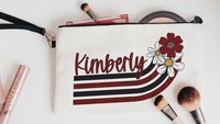 personalized school spirit daisy wristlet with strap, maroon and white cheer makeup bag for preteens, teen girl gifts, cute pencil bag with