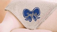 Personalized carolina blue coquette bow name blanket, college gifts for best friend, trendy aesthetic throw blankets for college apartment