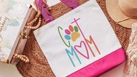 cat mom tote for her, cute cat gifts for women, colorful cat paw print tote bag for cat lover, popular now cat mama gifts, cat beach bag