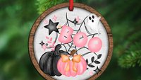 girly goth coquette Halloween tree ornament handmade, boo basket tag ghost ornament wood, cute Halloween gifts for adults, pink pumpkin door
