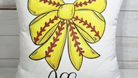 personalized softball coquette throw pillow for bed, softball bow accent pillows for couch, softball gifts for girls, softball mom gifts