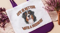 life is better with a dog bernese mountain dog tote bag for dog lover, bernese dog mom dog walking bag for women, cute dog gifts beach bag