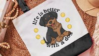 Life is better with a dog, rottweiler tote bag