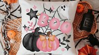 coquette Halloween throw pillow covers 18 x 18, boo basket stuffers for adults, cute Halloween gifts for women pink pumpkin pillow for couch