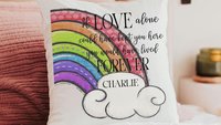 personalized dog rainbow bridge throw pillow for couch, remembrance pillow for sofa, grieving dog loss sympathy gift for women, loss of dog