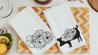 floral pig kitchen towels for Spring, farmhouse kitchen decor, cute pig gifts for pig lovers, black and white flower hand towel for bathroom