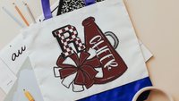 personalized white and maroon cheer tote bag for school, cheer gifts for girls, maroon checkered initial tote bag for teen girls, cheer mom