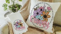 personalized love grows here accent pillows for couch, first time Granny gifts Mothers day gift from grandkids, floral kitchen towels for