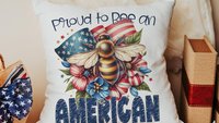 proud to be an American bumble bee throw pillows for living room, honey bee gifts for women, 4th of July accent pillows for couch, patriotic