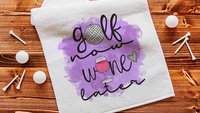 funny golf towel with grommet, golf now wine later golf bag towel for women, cute golf gifts for her, wine gifts for friends, ball towel