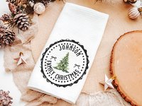 Personalized last name black Christmas kitchen towels for winter