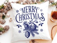 Vintage Merry Christmas throw pillow for sofa, Christmas housewarming gift for couple, farmhouse Christmas kitchen towel, navy Christmas