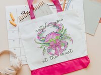 Catch you at the coast coquette watercolor crab tote bag