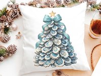 CapableByDesign oyster shell Christmas tree with aqua bow pillows and matching towels